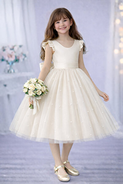 MadyaButik Rochie ecru cu mâneci cu volane pentru fete, pentru absolvire, ziu...