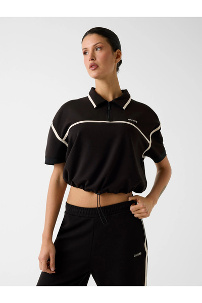 Guess Jasmine Short Polo Collar Half Zipper Women's Black Sweatshirt V6Gp01K2...