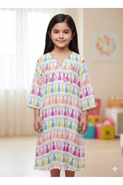 LINELLE Rayon Kids Jalabiya,White Multicolored Tassel Print, Embroidered V-Neck