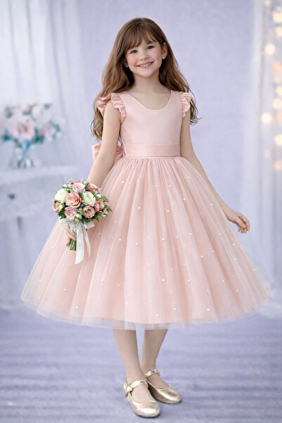 MadyaButik Rochie pentru fete, roz pudrat, cu mâneci cu volane, cu perle, pen...