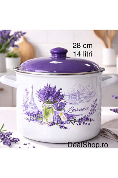 dealshopromania Oală emailată 28 cm, 14 litri cu capac, model lavandă mov, oa...
