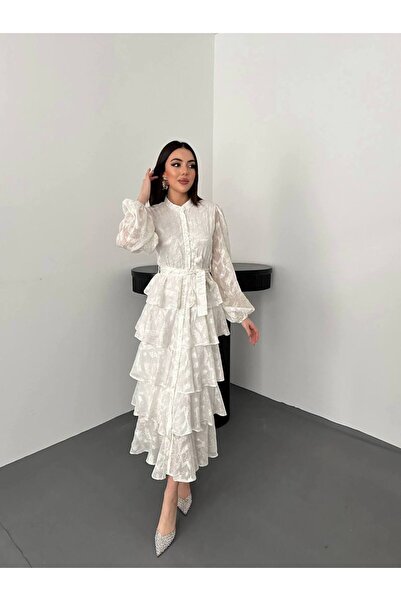 zoezoe Valonlu Şerit Detaylı Ucları Dantelli Kat Kat Elbise