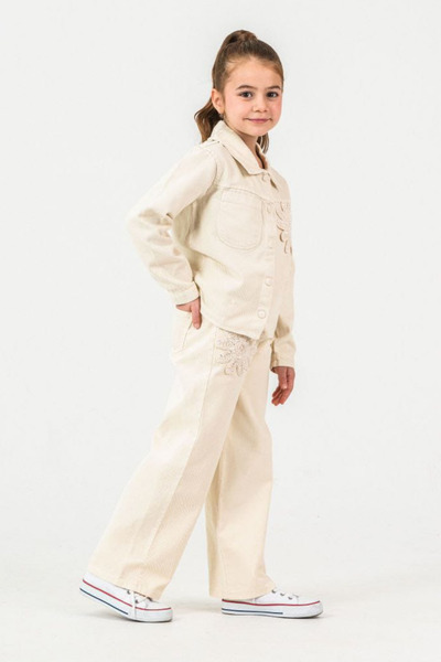 aura7 collection Girls' Sequined Flower-Embellished Cream Denim Jacket Set