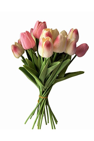 NilCan Flora Yapay Çiçek Islak Dokulu Beyaz ve Pembe Lale Buketi 10'lu (33cm)