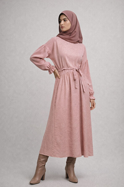 Şiir Belden Ruched Adjustable Lace-Up Low Balloon Sleeve Long Women's Dress &...