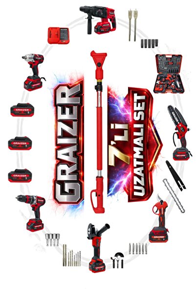 Graizer K 7’li Akülü Makine Seti Akülü Taşlama Dal Budama Kırıcı Delici Makas Somun Sökme Vidalama Teleskop