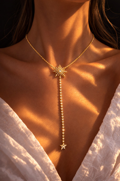 rüyamaksesuar Y Kolye Gold Rengi - Kutup Yıldızı taşlı