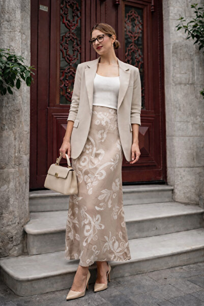 Hisleria Dugačka suknja od satenske tkanine sa uzorkom lišća - bež (pogodna z...