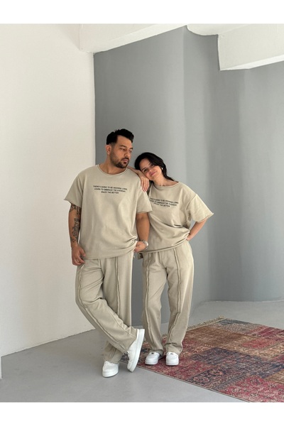 Baycombine35 Unisex Lazer Kesim Tshirt - Dikiş Detaylı Eşofman Çift Kombini 4lü Set