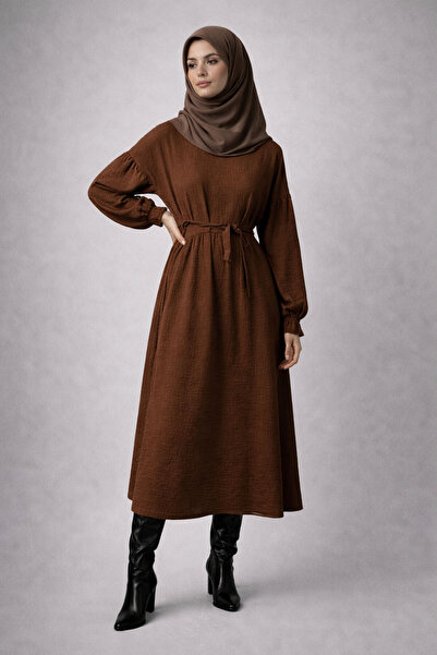 Şiir Belden Ruched Adjustable Lace-Up Low Balloon Sleeve Long Women's Dress &...