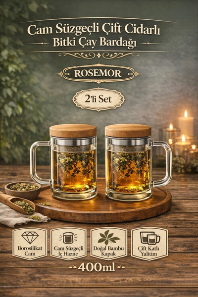 Rosemor 2li Borosilikat Çift Kat Bitki Çay Bardağı 400 lm Cam Süzgeçli Bambu ...