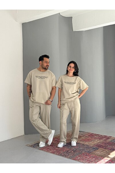 Baycombine35 Unisex Lazer Kesim Tshirt - Dikiş Detaylı Eşofman Çift Kombini 4lü Set