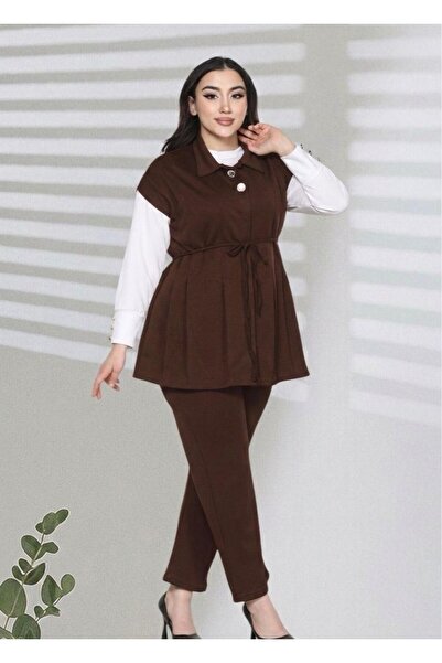 E&S BUTİK ES FASHİON Kadın Beyaz Garnili 3’lü Takım - Kuşaklı Yelek, İçlik ve...