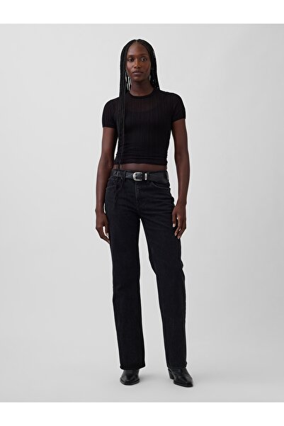 GAP Kadın Siyah Mid Rise Relaxed Straight Jean Pantolon