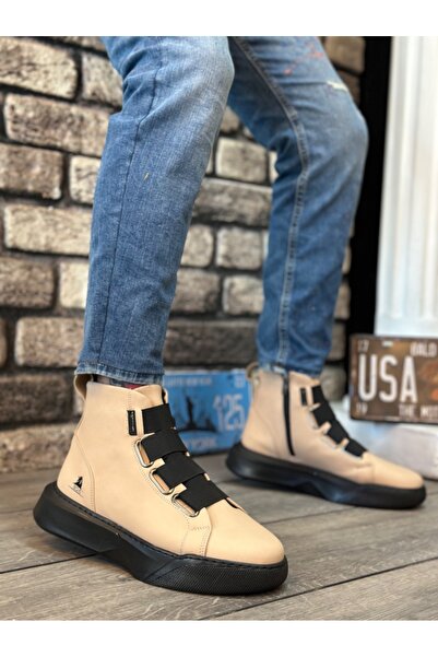 pabucmarketi Men's Sports Boots with Straps and Zipper Cream (Black Sole)