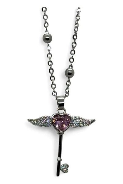 YümanınYumağı Silver Color Pink Stone Wing Key Model Steel Necklace