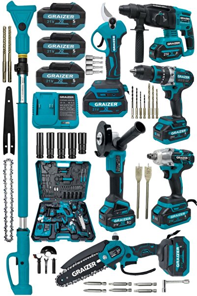 Graizer M 7’li Akülü Makine Seti Akülü Taşlama Dal Budama Kırıcı Delici Makas...