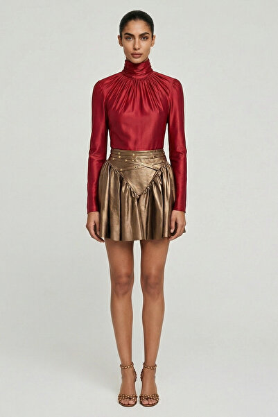 MaisonMika Short Leather pleated skirt with studs and metal zipper