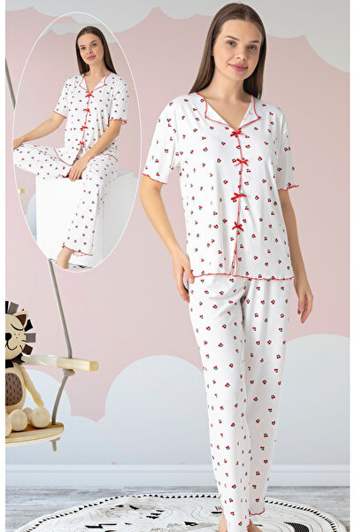 ANGEL VALESKA Kiraz Patterned Corded Fabric Bowknot Short Sleeve Pajama Set