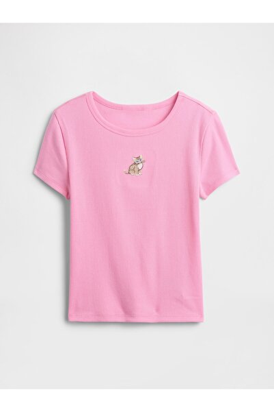 GAP Kız Çocuk Pembe Kids Ribbed Bisiklet Yaka T-Shirt