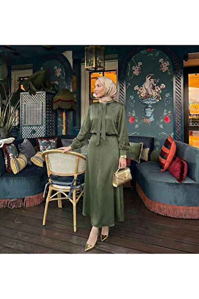 Lunsera Store Yaka Bağlamalı Saten Etekli Takım-Haki