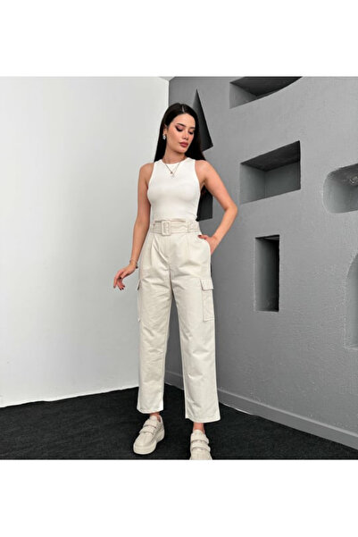 moda rüyası بنطلون عالي الخصر حزام لي جيب جانبي كبير لي