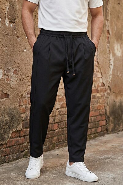 MADZEYMODA Ανδρικό παντελόνι Με πιέτες Çimalı μαύρο με ελαστικά κορδόνια, άνε...
