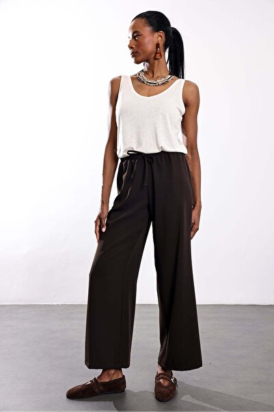 5in1Canpolat Brown Beli Tie-Detail Comfortable Pants 18189