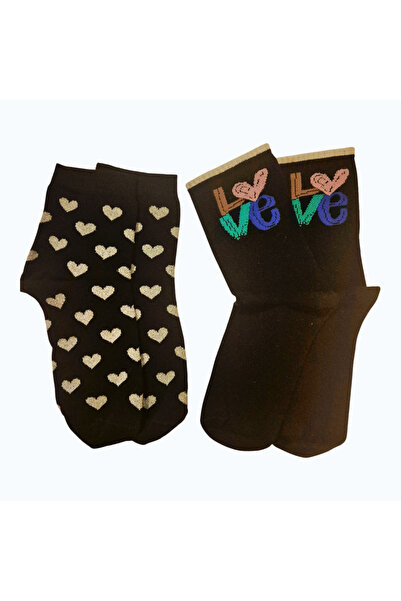 EGS TEXTILE - جوارب نسائية سوداء LOVE & Heart منقوش خياطة مخفية عبوة من قطعتي...