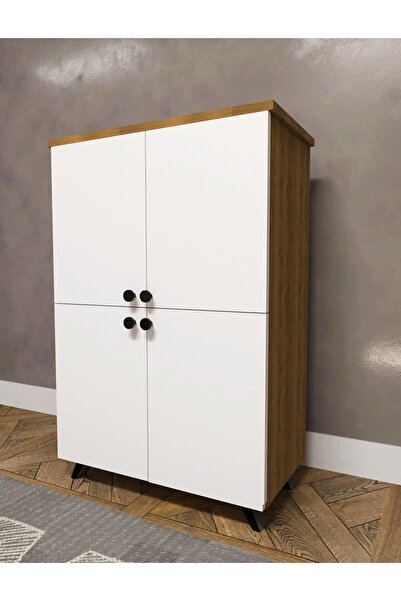 YASEM HOME Dekoratif Ahşap-Beyaz 4 Kapaklı Ayakkabılık