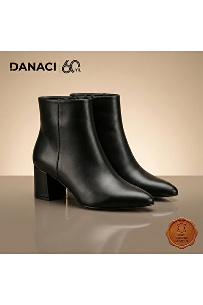 DANACI Hakiki Deri Sivri Burunlu Kalın Topuklu Kadın Bot