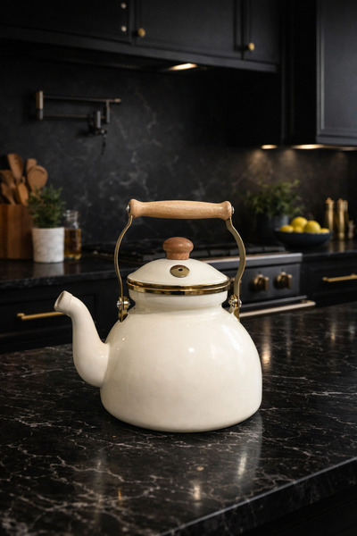 CookaHome İç Dış Emaye Çaydanlık 2 Litre Ahşap Saplı Emaye Demlik – Krem