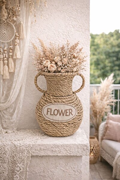 NEWNOW Vază decorativă din răchită, rustică, în stil boem, cu mâner și inscri...