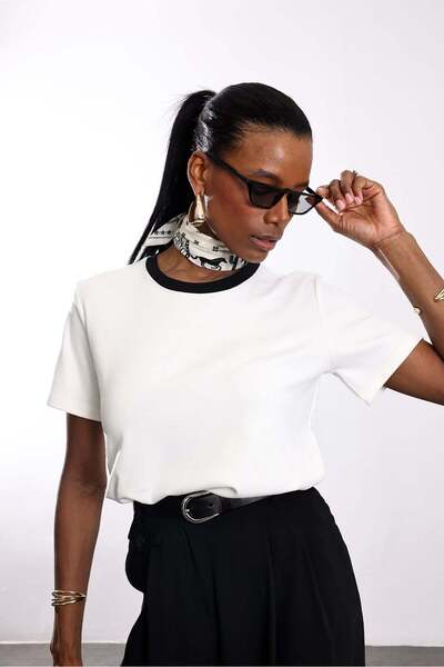 5in1Canpolat Ecru Kontrast Sa paspulom Pamuk Osnovni Majica