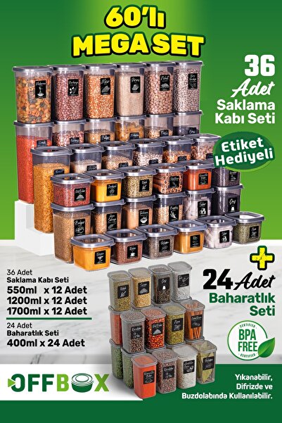 OFFBOX 60 Pieces Square Spice Rack and Food Storage Container Set with 80 Lab...