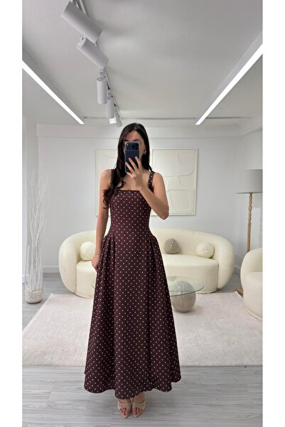 LUUNA STORE Pointed Pattern Strappy Midi Dress - Brown