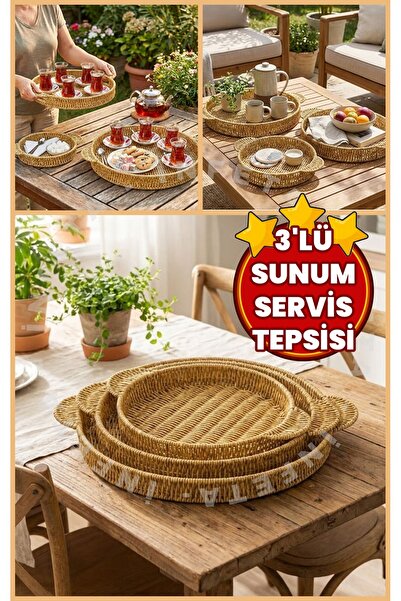 İnfeta مجموعة من 3 صواني مستديرة من الخيزران، صينية تقديم وتقديم للمأكولات بم...