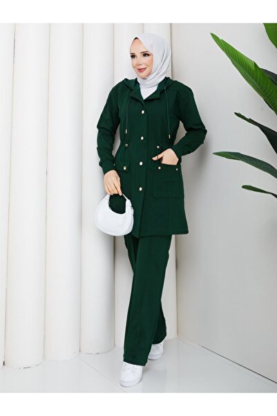 moda4b Γυναικείο Σετ Φόρμας 2 Τεμαχίων με Μακρύ Μπουφάν Δύο Νημάτων και Κουμπ...