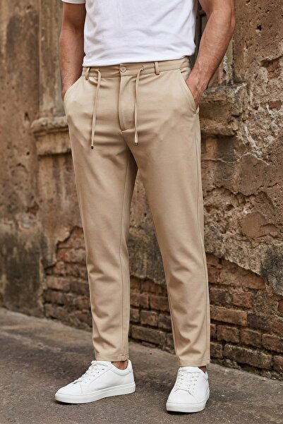 MADZEYMODA Muške tehničke Tkano bež pantalone sa vezicama, moderno kroj elega...