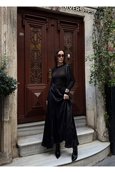 Fav Style Fusta de damă talie înaltă Fusta asimetrică din satin Negru