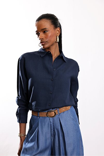 5in1Canpolat Mornarsko plava Lan Teksturirano Klasična kroj košulja