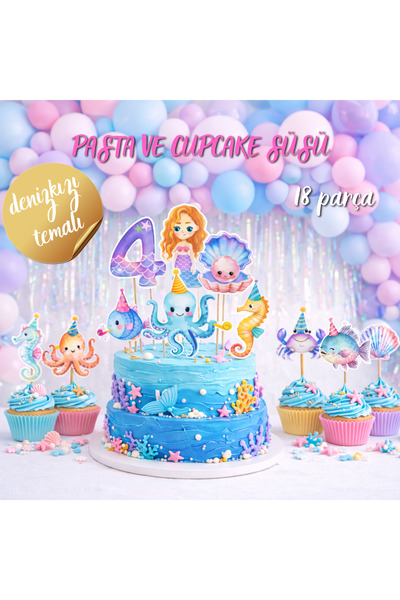 Denizkızı Temalı Pasta ve Cupcake Süsleri – 18’li Ahşap Çubuklu Doğum Günü Seti Dekorasyonu