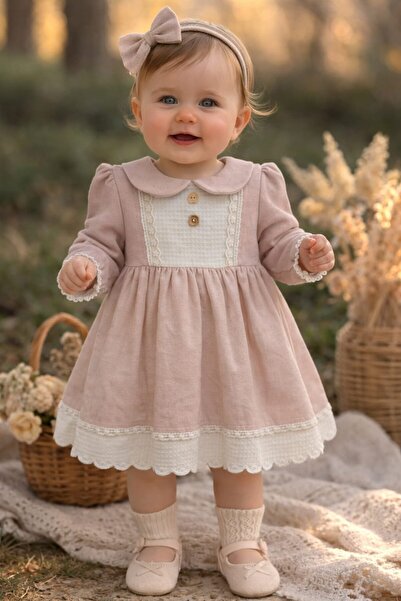 Tarz Çocuk فستان للفتيات الصغيرات بياقة بودرة دانتيل بتفاصيل مفصلة من عمر 9-2...