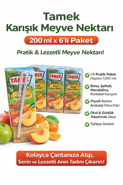 TAMEK Karışık Meyve Nektarı 200 ml x 6’lı Paket – Pipetli, Soğuk İçim, Okul &...