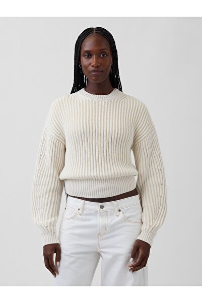 GAP Kadın Beyaz 100% Pamuk Barrel Kol Crop Kazak