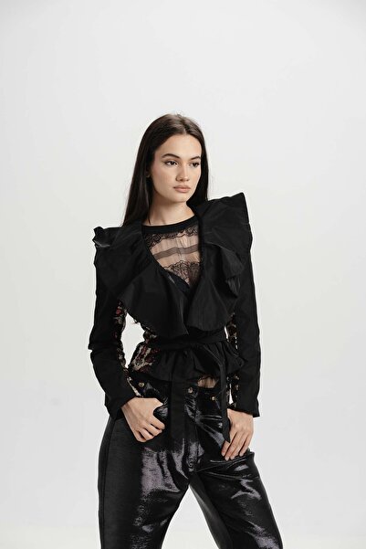 MaisonMika Short taffeta jacket with Animal Print sequin accents, drawstring ...