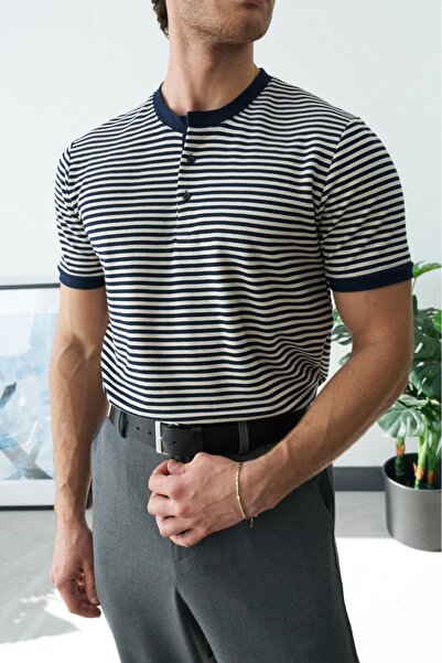 Wonraces Ανδρικό μπλουζάκι με κουμπιά Henley Ριγέ