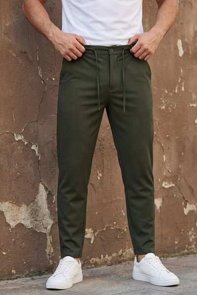 MADZEYMODA Men's Technical Woven Lace-Up Khaki Trousers Buttoned Modern Cut Smart Casual Ls-23135