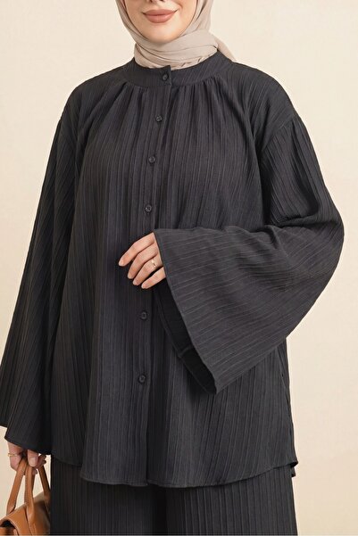 Modamorfo Στρογγυλή λαιμόκοψη, με κουμπιά, Ισπανικό μανίκι, τουνίκ Σιένα - Μαύρο