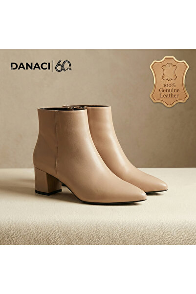 DANACI Hakiki Deri Sivri Burunlu Kalın Topuklu Kadın Bot
